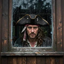 russell crowe wearing a giant pirate hat behind a rainy dirty window and wooden wall peering out to the camera