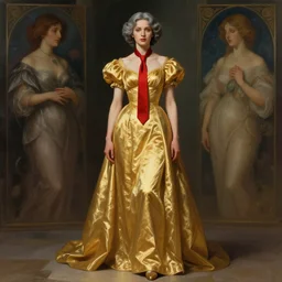 corinna kopf wearing a golden dress, grey hair, red necktie, cinematic, stunning, highly detailed, digital painting, artstation, smooth, hard focus, full body shot, illustration, art by artgerm and greg rutkowski and alphonse mucha