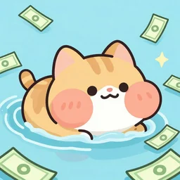 Cat Gaturro with big Inflated cheeks swimming in money, cartoon,