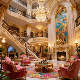 large luxurious billionaire's atrium. Maximalist colorful decoration and fancy furniture. Classic architecture with golden accents. Curved staircase with elaborate railing. Large ornate fireplace. Illumination provided by fire torches, chandeliers, and candles. Detailed digital by Disney