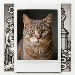 beautiful centered portrait gray cat, beautiful portrait ginger cat, beautiful polaroid photo, beautiful stamp, engraving by piranesi