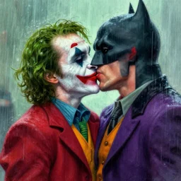 batman kiss joker, raining, acrilic paint, digital, artstation, detailed intricate ink illustration, heavenly atmosphere, digital art, overdetailed art, concept art, complementing colors, trending on artstation, cgstudio, the most beautiful image ever created, dramatic, subtle, details, award winning artwork, beautiful scenery