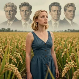 portrait of millie bobby brown standing deep in a rice farm, looking into the distance, pcc propaganda poster, intricate, hyperdetailed, photorealistic, diffuse lighting, hdrp, artstation, unreal 5, smooth, textless, sharp focus, art by john collier, albert aublet, krenz cushart, zdzisław beksinski, arte