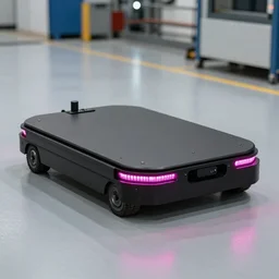 flat rectangular autonomous mobile robot, agv driving in an industrial environment, black with magenta led lighting