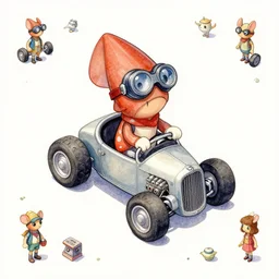cute and funny, squid wearing goggles riding in a tiny hot rod with oversized engine, ratfink style by ed roth, centered award winning watercolor pen illustration, isometric illustration by chihiro iwasaki, edited by range murata, tiny details by artgerm and watercolor girl, symmetrically isometrically centered