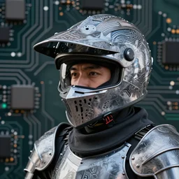 portrait of a knight in a ornate motorcycle dirt helmet, background circuitboard red plastic bag, rich deep colors, by francis bacon, james ginn, petra courtright, jenny saville, gerhard richter, zdzisaw beksinsk, takato yamamoto. masterpiece, i elegant fashion studio ighting 3 5