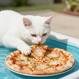 white cat eating pizza in a pool by Buchholz, Quint