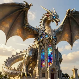 Blue-Eyes Gothic Stone Dragon with the body of stained glass cathedral gothic architecture detailed phisiology yugioh anime collosal monolithic high definition ultra realistic 8k octane render on artstation golden hour detailed concept art, Eddie Mendoza, Dan Mumford, Craig Mullins