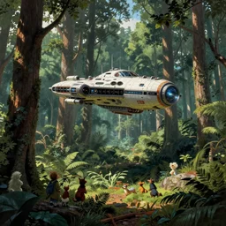 spaceship landed in a lush forest, small creatures watching from the trees, science fiction vintage art