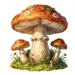 extra beautiful colorful whimsical storybook style full page antique ornate lithograph of moss, fungus, mushroom and flower covered knome hobbit giant mushroom cozy home with door and windows by Jean-Baptiste Monge, post processing, painterly, book illustration watercolor granular splatter dripping paper texture. Trending on artstation, post processing, pen and ink work. sharp focus.