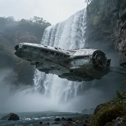 an abandoned spaceship at the edge of a waterfall, low angle view, detailed, concept art, low angle, high detail, volumetric, ominous, misty, beautiful, trending on artstation, by maxime bibi and jordan grimmer, breathtaking scene, zaha hadid, 8 k