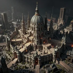 axonometric satanic city, by Rolf Armstrong and Evelyn De Morgan and Bastien Lecouffe-Deharme, dramatic lighting, high contrast colors, baroque, empyrean, panoramic view, as trending on Artstation, highly detailed, doom engine,