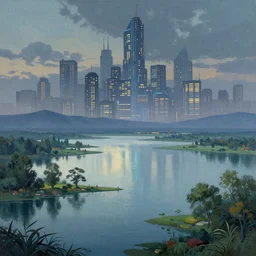 a beautiful surreal landscape digital art of the loktak lake, in the style of dan mumford and Ivan Aivazovsky, in the background a futuristic cyberpunk city with lit windows is seen.