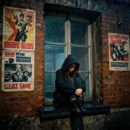 at night, sadie sink in hoodie sits on windowsill, knees tucked in | rain falls, old brick wall with ussr propaganda posters : leica 3 5 mm, single long shot. by weegee, don mccullin, robert doisneau, henri cartier - bresson, brassai, robert capa. cyberpunk, photorealistic, cinematic atmosphere, detailed and intricate, perfect anatomy