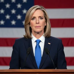 an editorial portrait of a editorial portrait of a democrat us political candiate standing at a podium, calm expression, progressive, liberal, left wing, social democract, blue tie, american flag in the background, facing front, by annie liebovitz, photojournalism, photorealistic, anatomically correct, beautiful perfect face, sharp focus, highly detailed, cinematic lighting, 8 k, hd