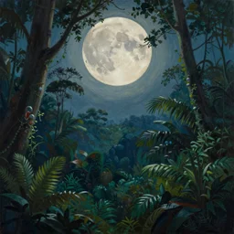 a painting of a full moon over the jungle, beautiful colors, mysterious atmosphere, matte painting, by christophe vacher