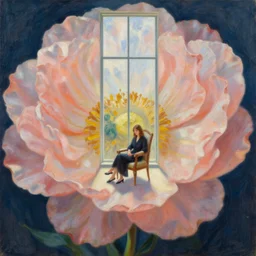 closeup, huge flower head, woman sitting on big chair by a tall window, surreal photography, studio light, impressionist painting, digital painting, artstation, simon stalenhag