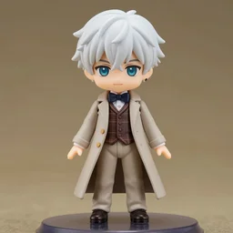 nendoroid aziraphale from good omens, good omens tv series, white curly short hair, beige suit, long coat, bow tie, brown tartan vest, michael sheen