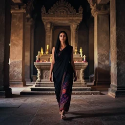 lomography, full body portrait photo of women like reol from a distance as a priestess walking towards a alter in a ancient temple interior, moody, realistic, strong silhouette, dynamic perspective pose, dark, skin tinted a warm tone, hdr, rounded eyes, detailed facial features, colorful