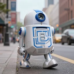 r 2 d 2 walking around town with arms and legs