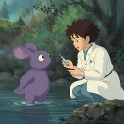 hyperrealist studio ghibli cartoon of a small purple alien from howl's moving castle ( 2 0 0 4 ) talking to a scientist. flooded, moody, misty, depth perception.