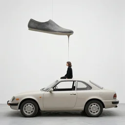 a woman sitting on top of a car, an abstract sculpture by Marina Abramović, dribble, shin hanga, movie still, photo, studio photography