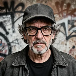 highly detailed portrait of grumpy. 2 0 1 8 christian slater, baseball cap, grey drubble, old, thick square glasses, grey jacket, by atey ghailan, by greg rutkowski, by greg tocchini, by james gilleard, by joe fenton, by kaethe butcher, gradient brown, black, grey and white color scheme, grunge aesthetic!!! ( ( graffiti tag wall background ) )