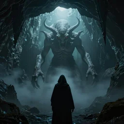 cthulhu in a dim water cave, a cloaked figure's silhouette in foreground, low hanging fog, by hp lovecraft, by greg rutkowski, by andree wallin, by zdzislaw beksinski, thalassophobia, very detailed, octane render, cinematic lighting, volumetric lighting, 8 5 mm