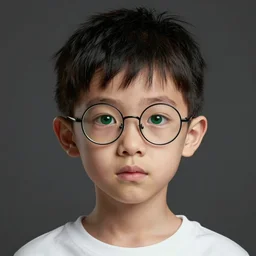 portrait of a small, skinny 1 7 - year - old boy with a thin face, black hair, green eyes, thin round glasses, wearing white shirt, hyper realistic face, beautiful eyes, character art, art by mark brooks, hyperdetailed, cryengine, trending on artstation, digital art