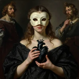 Realistic painting of beautiful woman in antique mask who holds a black heart in her hands, black cloth, baroque folds on background, the long shot, dramatic lighting, high-detailed oil painting by Ilya Repin, William Blake, Michelangelo da Caravaggio and Beksinski, masterpiece, 4k