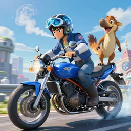 an epic anime of ice cube smoking on a motorcycle with moto moto of madagascar, ghibli, unreal 5, daz, hyperrealistic, octane render, rpg portrait, dynamic lighting