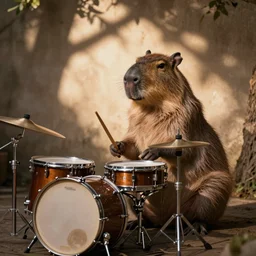 a capybara playing drums