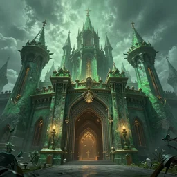 entrance to the alchemist guild, fantasy fortress, mystical greenish towers, very long shot, low angle, by sergey vasnev,