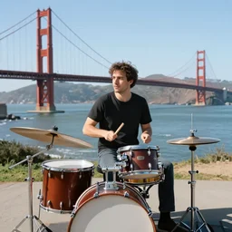 an italian man playing the drums on a drumset in san francisco on the golden gate bridge water color, red purple, vibrant highly detailed 3 2 k uhd rendered in octane trending in artstation ray tracing