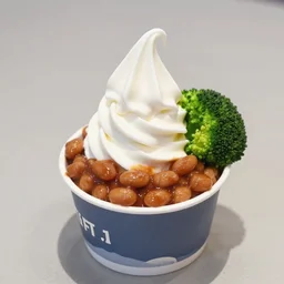 food photo still of paper cup of soft serve swirled frozen yogurt topped with baked beans and broccoli, 8 5 mm f 1. 8