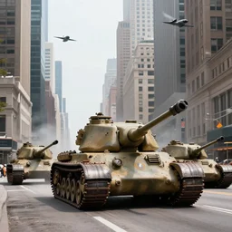 1 9 4 4, german tanks are rolling down 5 th avenue in new york city while bombers fly overhead