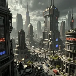 bustling cyberpunk city in the style of hieronymus bosch