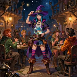night, stars, steampunk, tavern, crowd of drinking people, warm mood, sorceress, hat, wide leather boots, short shorts, striped socks, glass ball at the waist, bag over the waist, many colors, colorful, all colors, highly saturated colors, greg rutkowski, fantasy, detailed illustration, hd, 4k, digital art, overdetailed art, concept art, trending on artstation
