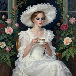 closed eyesthick paint brush strokes full body fashion model emma watson by Jeremy Lipking by Hasui Kawase by Richard Schmid (((smokey eyes makeup eye shadow fantasy, glow, shimmer as victorian woman in a long white frilly lace dress and a large white hat having tea in a sunroom filled with flowers, roses and lush fern flowers ,intricate, night, highly detailed, dramatic lighting))) , high quality