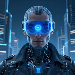 techno god wearing a blue glass eye visor surrounded by futuristic city, cyber clothing, blue light, ultra detailed, intricate, digital art, 4 k, golden ratio,