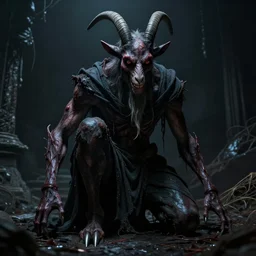 terrific jinn demon in with hoof on his feet and goat face with long cloth, horror, dark atmosphere, harsh lighting, cinematic lighting, scary, award wining art, artstation, high details, concept art, 4 k