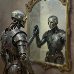 oil painting of a medieval cyborg looking its reflection on a big mirror, mechanism visible symmetric defined ultra hd realistic tones
