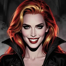 in the style of Rafael Albuquerque comicbook cover art, beautiful scary female vampire, Jennifer Connelly glowing red and gold hair, smiling, sharp teeth, clear clean face, two perfect eyes, perfect eyes perfect symmetrical eyes, symmetrical face, sarcastic pose,dark and smoky background