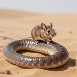 a small desert mouse riding on the back of the giant sandworm, macro photography