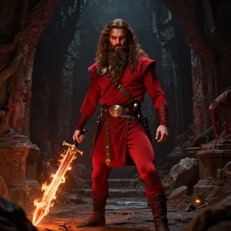 A man with red eyes, a long beard, brown hair, wearing a red shirt and leggings, holding a flaming sword, in the depths of hell