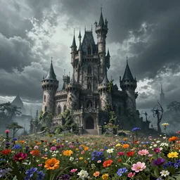 A very phantasmagoric and ominous tall castle stands in the middle of an plain covered with colorful flowers, horror, digital art, incredible details,