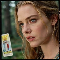 Kodak Portra 400, 8K, highly detailed, claire danes as major arcana tarot sun style 3/4 extreme closeup portrait, eye contact, focus on girl model, tilt shift tarot style forest background: famous major arcana tarot movie remake, transformation scene
