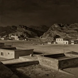 a realistic rooftop sepia - toned painting of wadi rum at night, dark, brooding, atmospheric, lovecraft