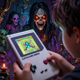 horror kid playing gameboy, hyper detailed, volumetric lights, colorful palette, masterpiece, ornate dark, suehiro moaruo, katsuhiro otomo, shintaro kago, cgsociety, octane render, ambient light