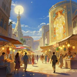 bazaar zouk place sky shine digital painting, artstation, concept art, sharp focus, illustration, cinematic lighting, art by artgerm and greg rutkowski and alphonse mucha
